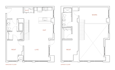 A floor plan of a two story house with labeled rooms.